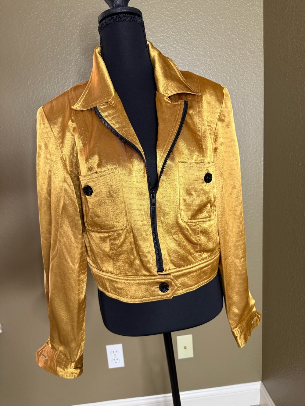 Vintage Gold Jacket Large Unique Satin Zip-Front Women's Lined 90’s Glamour